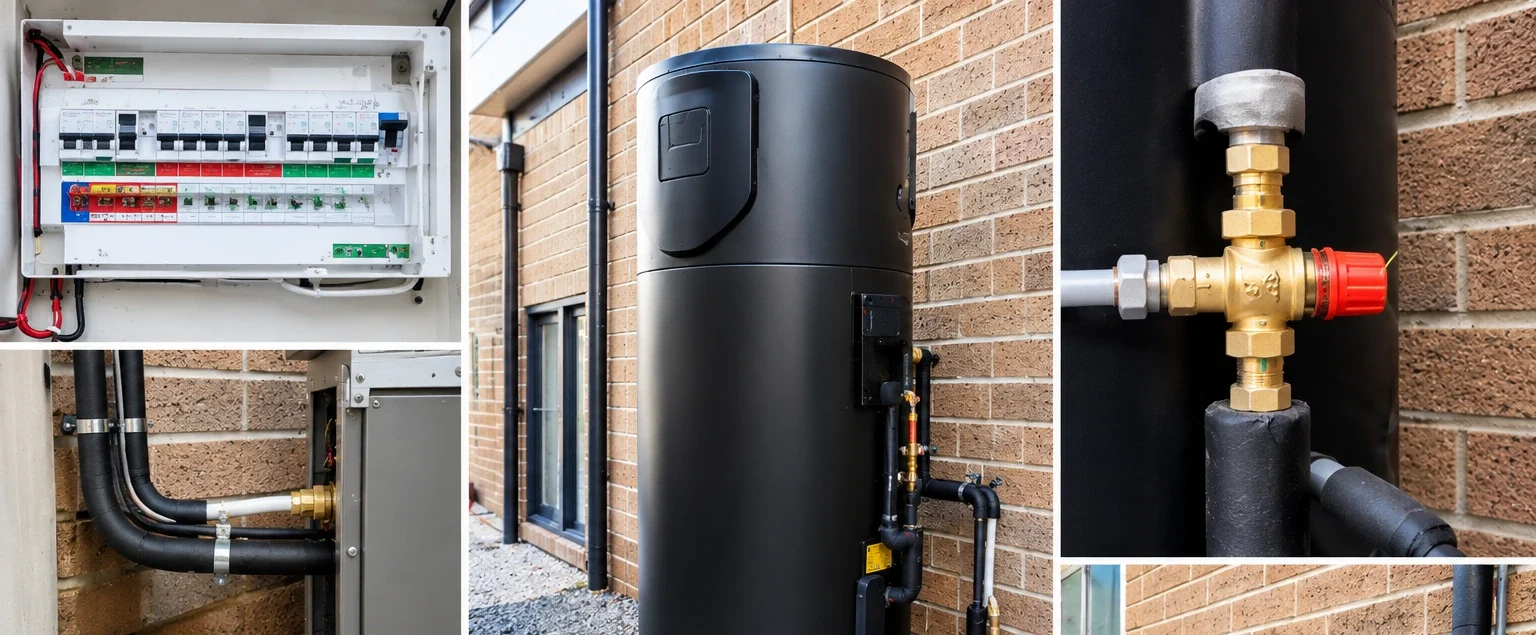 Heat pump hot water system installation in point cook showing switchboard wiring, insulated pipework, brass pressure relief valve, and old tank being replaced with new black heat pump unit on concrete base