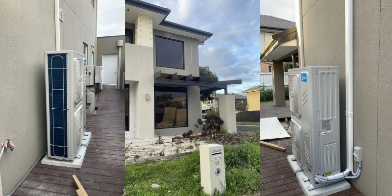 25kw heating and cooling unit installed on external wall of two-storey home in Williams Landing,