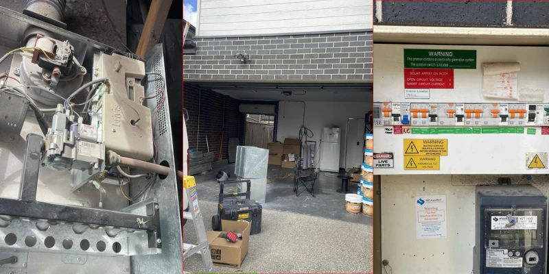 Old outdoor air conditioning unit removed and disconnected, new condenser installed on the brick-tiled wall, and HVAC control PCB board checked during diagnostics and wiring in Lalor
