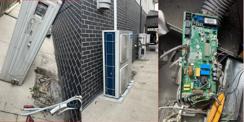 Old outdoor air conditioning unit removed and disconnected, with new 25 kw HVAC installed on the brick-tiled wall, and HVAC control PCB board checked during diagnostics and wiring in Lalor