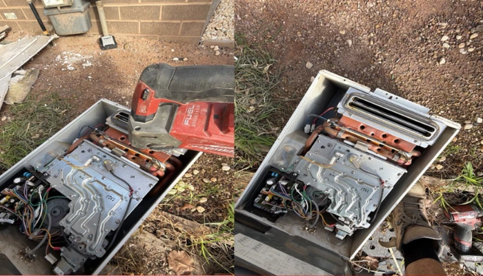 Old gas hot water unit being dismantled and removed during heat pump upgrade in Werribee