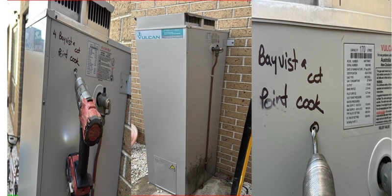 Old Vulcan gas storage hot water unit being disconnected before heat pump upgrade in Point Cook, with 170L data plate and pressure relief