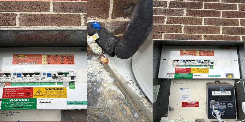 Solar switchboard and meter box installation in Doreen showing circuit breakers and isolator warning labels