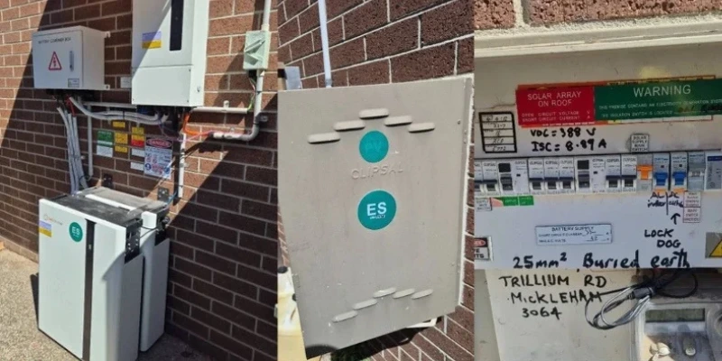 26.68 kWh Alpha ESS Battery With Hybrid Inverter Installation In Mickleham Labelled switchboard in Mickleham with solar array warning labels, solar supply main switch and battery supply breakers