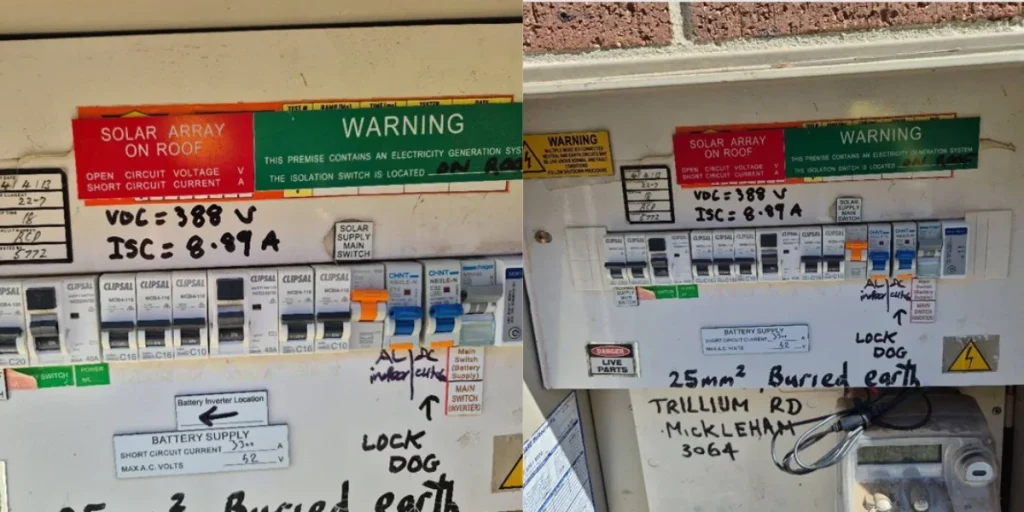 Labelled switchboard in Mickleham with solar array warning labels, solar supply main switch and battery supply breakers of 26.68 kWh Alpha ESS Battery With Hybrid Inverter