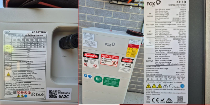 FoxESS EQ lithium battery with compliance warning labels and KH10 inverter rating plate on a Clyde home battery installation
