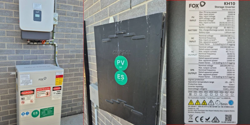 FoxESS KH10 hybrid inverter and battery stack are installed on a brick wall in Clyde, with PV and ES isolator labels and inverter rating plate