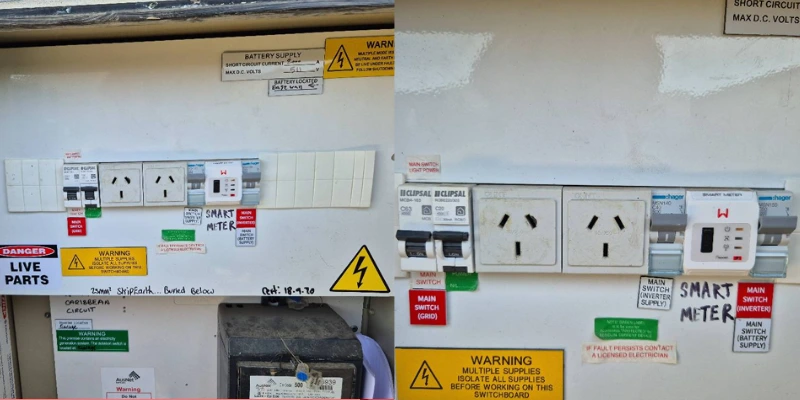 Labelled switchboard in Clyde showing grid, inverter and battery main switches, Clipsal circuit breakers and a smart meter after battery installation