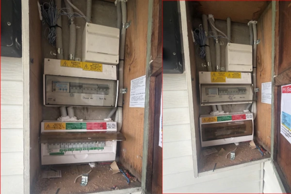 Before and after view of a Sunshine North meter box switchboard upgraded with new labelled circuit breakers and a PV isolator label for a battery installation