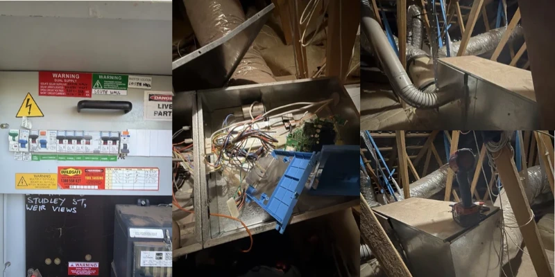 witchboard check and old ducted gas heater removal in roof cavity during heating and cooling upgrade in Weir Views