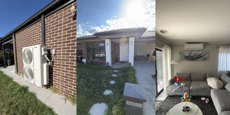 Completed 19kw multi-split heating and cooling installation in Weir Views, outdoor condenser on brick wall, home exterior and indoor wall unit in living room