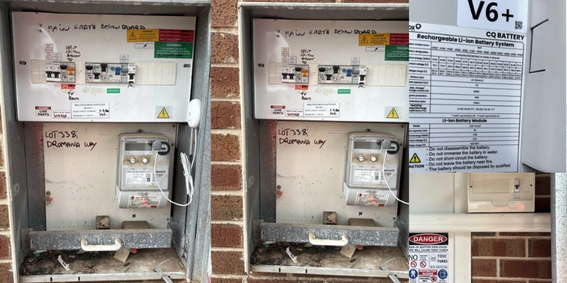 FoxESS CQ battery rating label, labelled switchboard with meter and battery isolator danger signage on a solar battery installation in Truganina