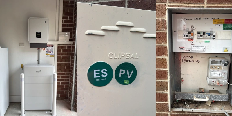 FoxESS KH10 hybrid inverter mounted above a 41.76kWh FoxESS battery, with Clipsal ES and PV labelled enclosure and switchboard, installed in Truganina