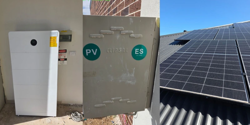 Completed 19kW solar and 32kWh GoodWe battery installation in Kurunjang, showing the wall-mounted battery, PV and ES-labelled switchboard, and Trina Solar panels on a Colorbond roof