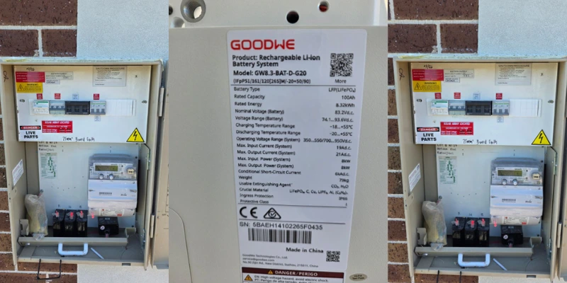 Kurunjang switchboard with PV and battery isolation labelling beside the GoodWe GW8.3-BAT-D-G20 compliance plate, installed by a CEC-accredited team