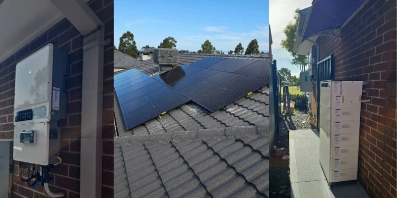 Completed solar and battery installation in Tarneit showing a GoodWe hybrid inverter mounted on a brick wall, Sunpro solar panels on a tiled roof, and a stacked 22.4kWh GoodWe Lynx F G2 battery