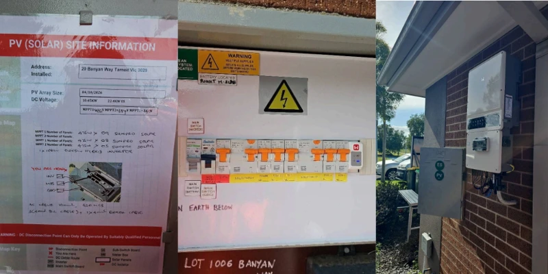 Tarneit solar and battery compliance details showing the PV site information sheet, a labelled switchboard with inverter, battery and grid main switches, and the GoodWe inverter with PV isolator and ES/PV labels