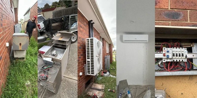 Rinnai 19kW multi-split heating and cooling installation process in Meadow Heights, VIC, showing the old unit removal, new outdoor unit, wall-mounted indoor unit and switchboard wiring