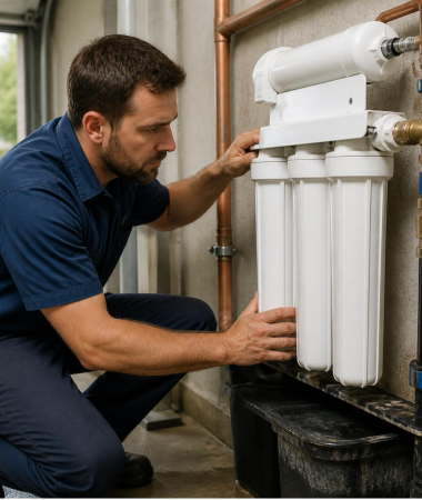 A licensed plumber/technician in branded workwear installing or inspecting a filtration system at a home's water entry point (garage, meter box, or under-sink area). Shows real hands-on expertise, reinforces "not a DIY job."